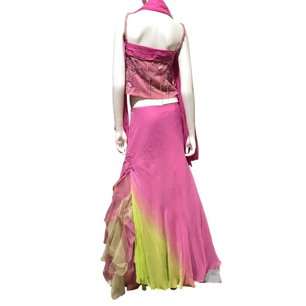 Y2K Silk Maxi Dress Set Asymmetric Ruffle Crop Fairy Mermaid Festival 100% Silk - Picture 2 of 14